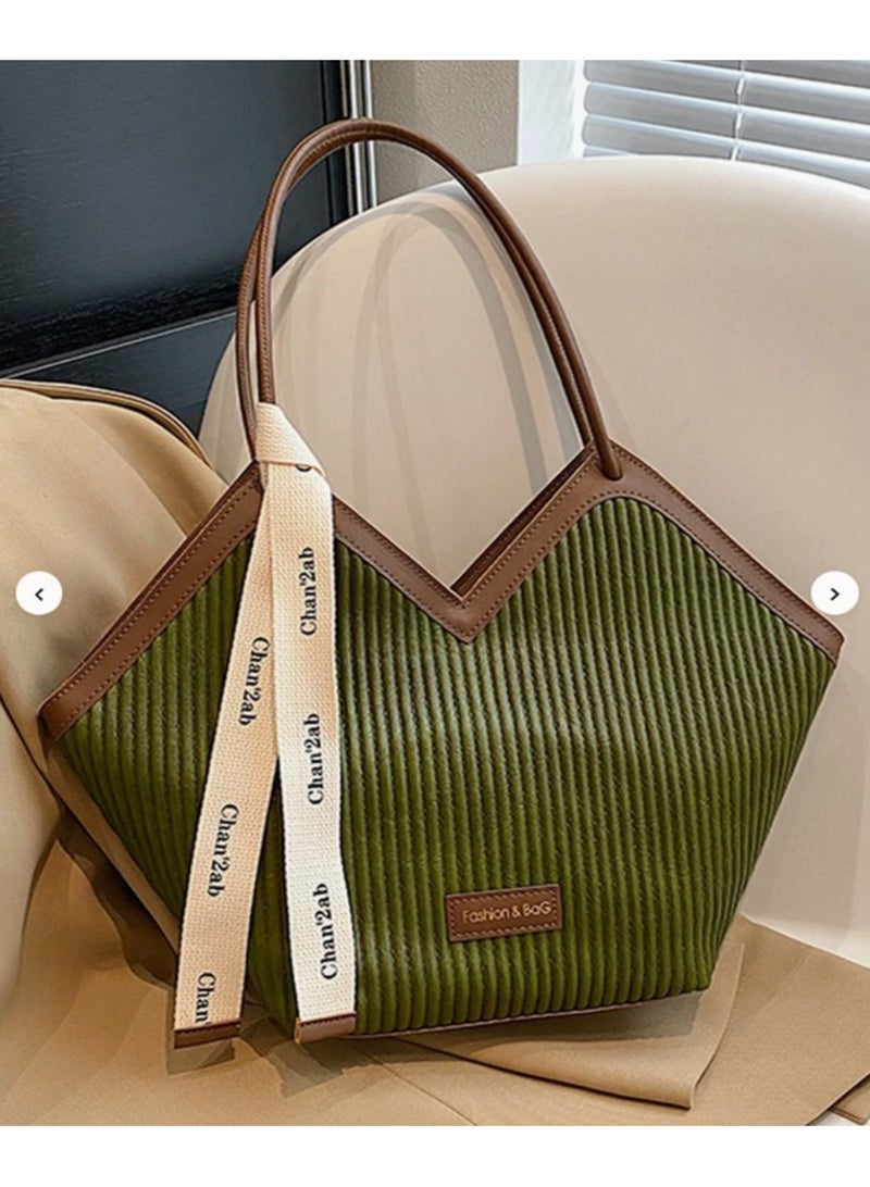 Chia Fashion Striped Pattern Tote Bag, Niche Design V-Shaped Shoulder Bag, Women's Handbag For Commuter, School - Image 2