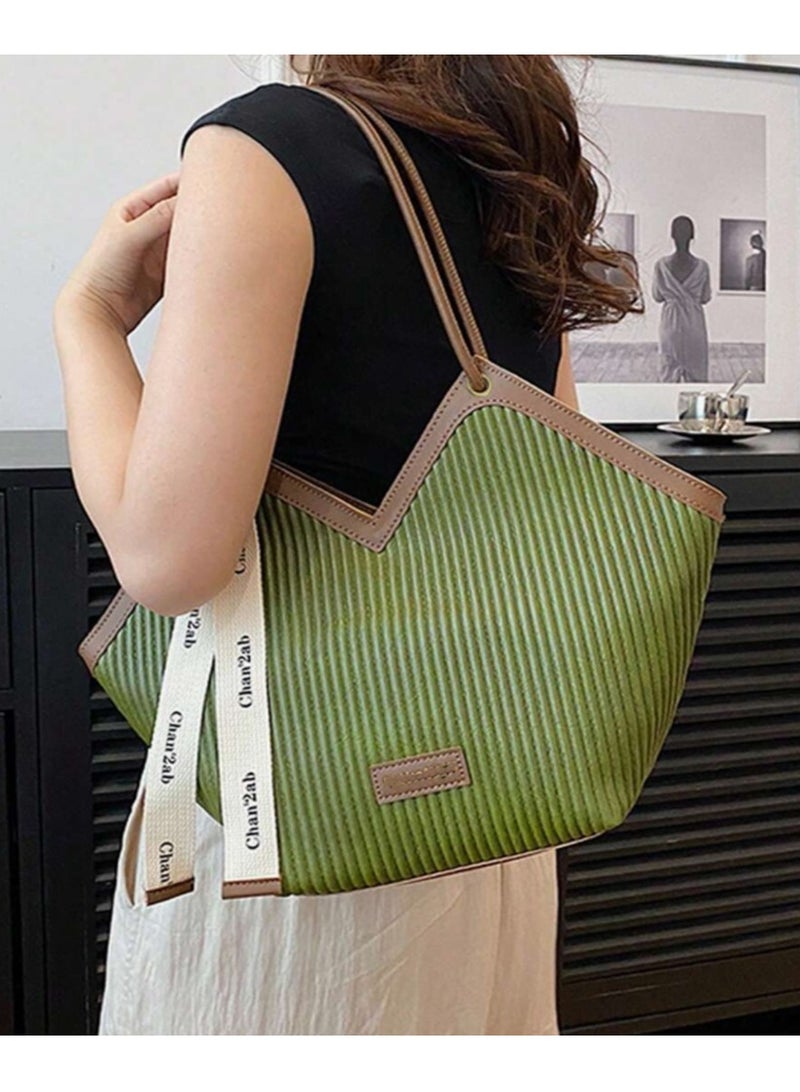 Chia Fashion Striped Pattern Tote Bag, Niche Design V-Shaped Shoulder Bag, Women's Handbag For Commuter, School - Image 4