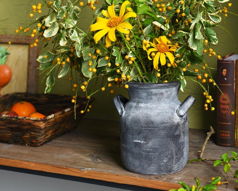 Quoowiit Ceramic Rustic Farmhouse Vase, Distressed Decorative Flower Vases for Home Decor, Ideal Shelf Decor, Grey Boho Vase for Living Room Bedroom Kitchen Office Centerpiece Table Decorations - Image 3