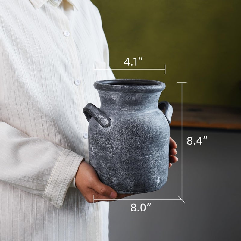 Quoowiit Ceramic Rustic Farmhouse Vase, Distressed Decorative Flower Vases for Home Decor, Ideal Shelf Decor, Grey Boho Vase for Living Room Bedroom Kitchen Office Centerpiece Table Decorations - Image 5