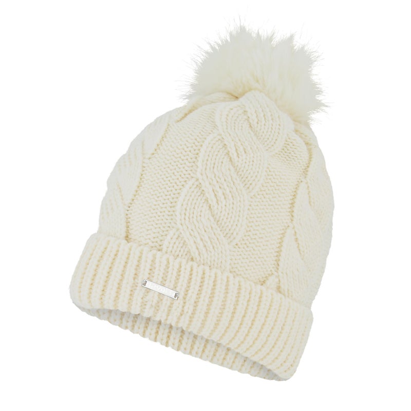Spyder Womens Cable Knit Pom Pom Beanie with Ribbed Cuff, Chalk, One Size - Image 1