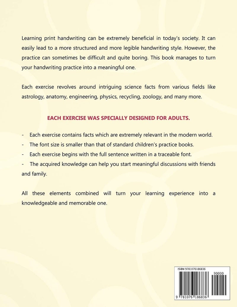 Print Handwriting Workbook for Adults: Advanced Print Handwriting Worksheets with Intriguing Science Facts for a Meaningful Practice Paperback by Ellie Roberts - 25 June 2019 - Image 2