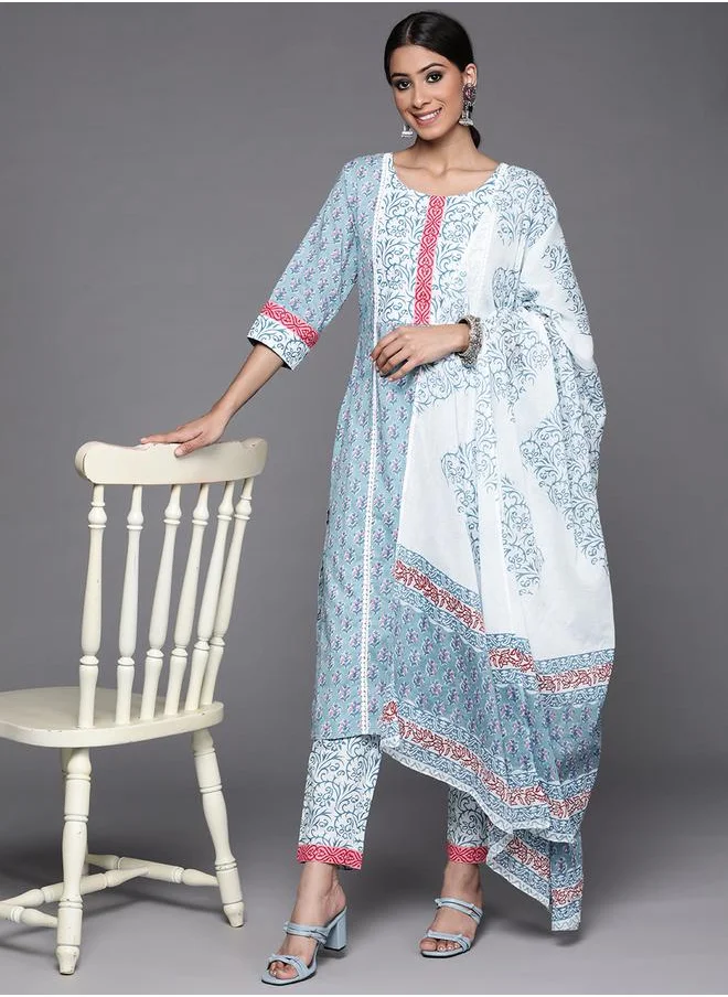 لباس All-Over Print Kurta and Trouser with Dupatta Set by Styli