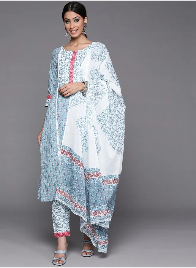 لباس All-Over Print Kurta and Trouser with Dupatta Set by Styli