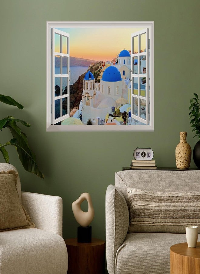 wall26 Removable Wall Sticker/Wall Mural - Sunset View of The Blue Dome Churches of Santorini, Greece | Creative Window View Home Decor/Wall Decor - 36"x48" - Image 1