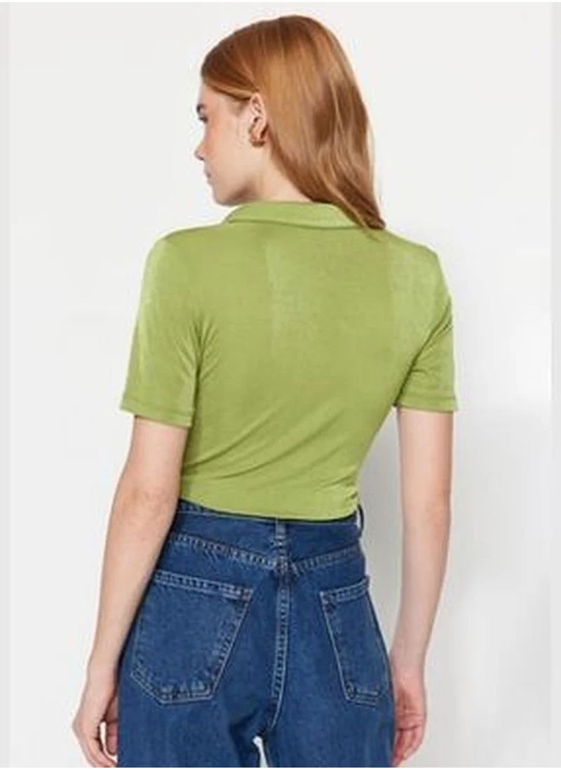trendyol Limited Edition Green Shiny Surface and Soft Textured Polo Collar With Snap Button Knitted Body
