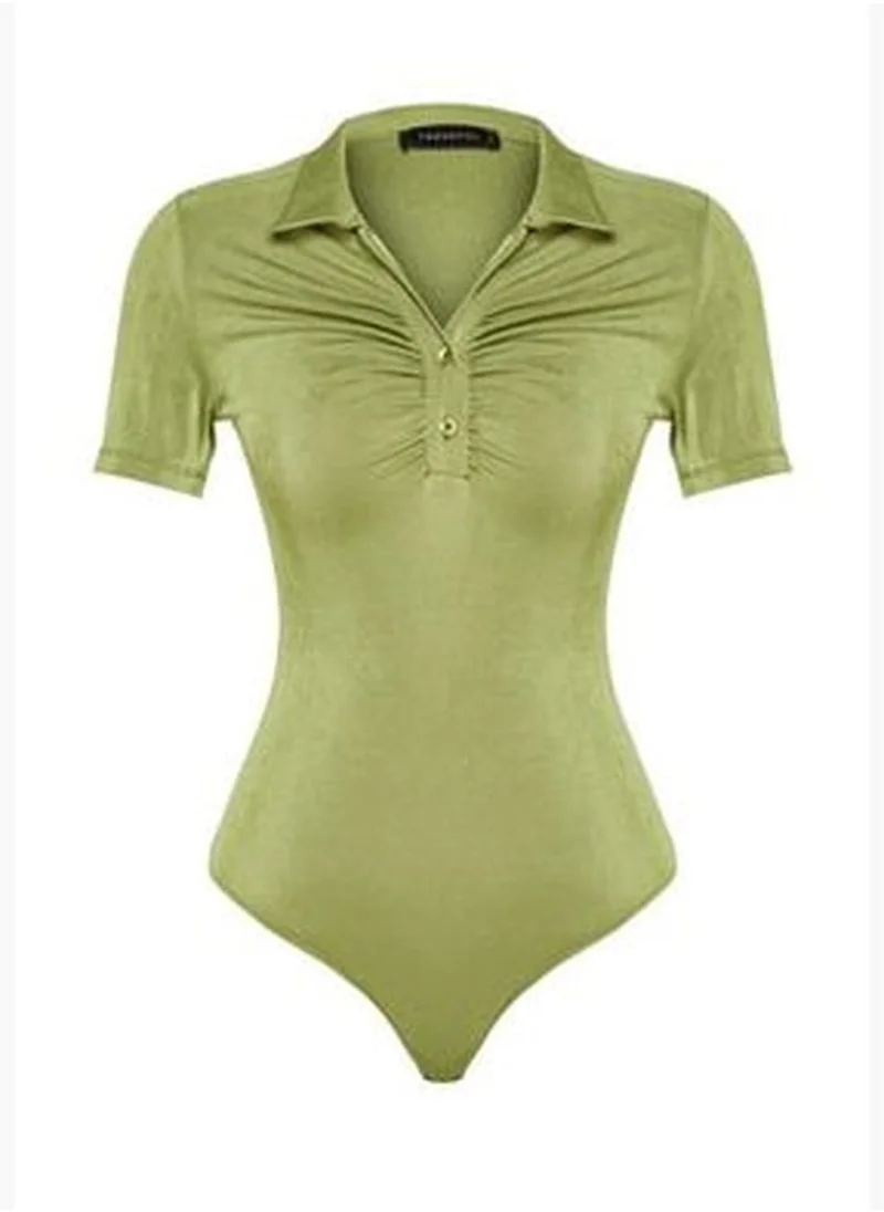 trendyol Limited Edition Green Shiny Surface and Soft Textured Polo Collar With Snap Button Knitted Body