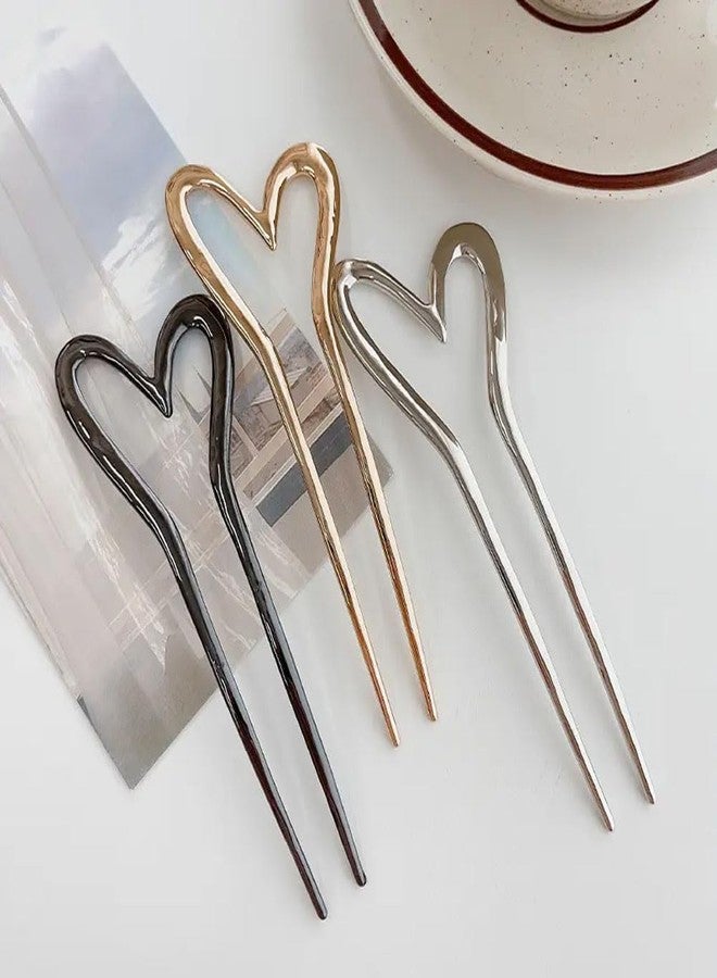 Ashkash 3Pcs Minimalist and Cool Style Metal U-Shaped Heart Hair Sticks New Chinese-Style Modern Buns Hair Pin Elegant Hair Accessories for Women and Girls (Black, Golden & Silver) - Image 1