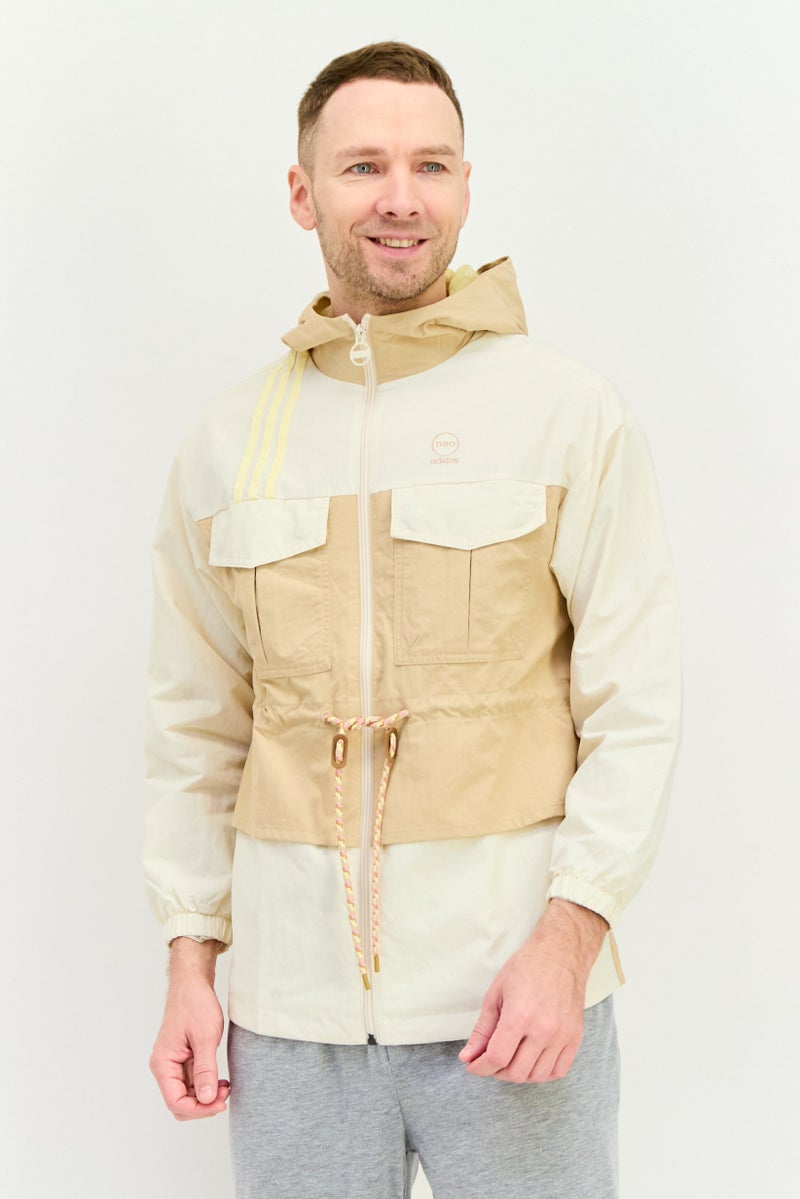 Adidas Men Spotswear Fit Long Sleeve Hooded Outdoor Jacket, Beige - Image 1