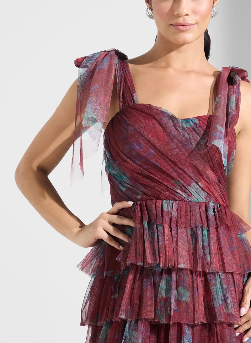 Lace and Beads Tiered Floral Dress
