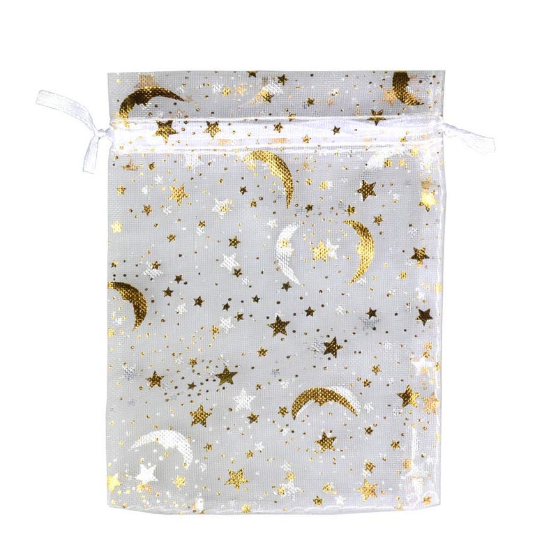 SUNGULF 100Pcs 4x5 Inches Sheer Organza Drawstring Pouches Stars And Moon Wedding Party Favor Jewelry Candy Gift Bags (White) - Image 2