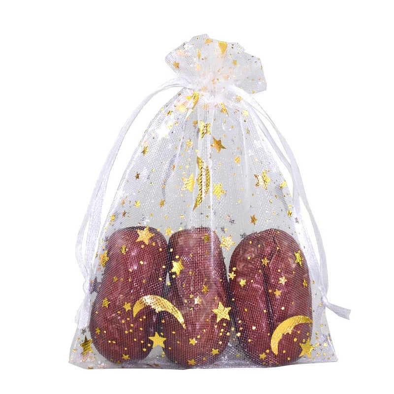 SUNGULF 100Pcs 4x5 Inches Sheer Organza Drawstring Pouches Stars And Moon Wedding Party Favor Jewelry Candy Gift Bags (White) - Image 1