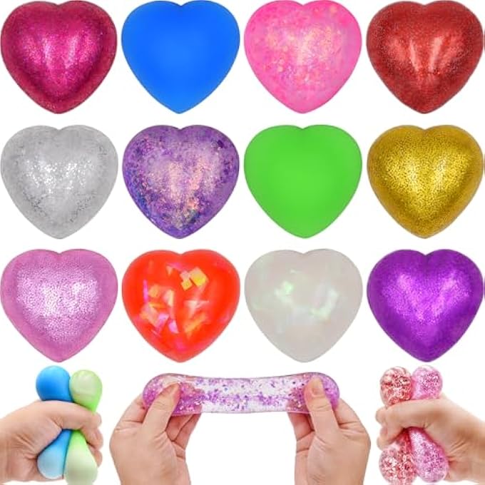 Howzcci 12 Pack Valentines Hearts Stress Balls Squishy Toys Squeeze Toys for Kids Girls Boys School Classroom Valentines Card Prizes Party Favors Gifts - Image 1