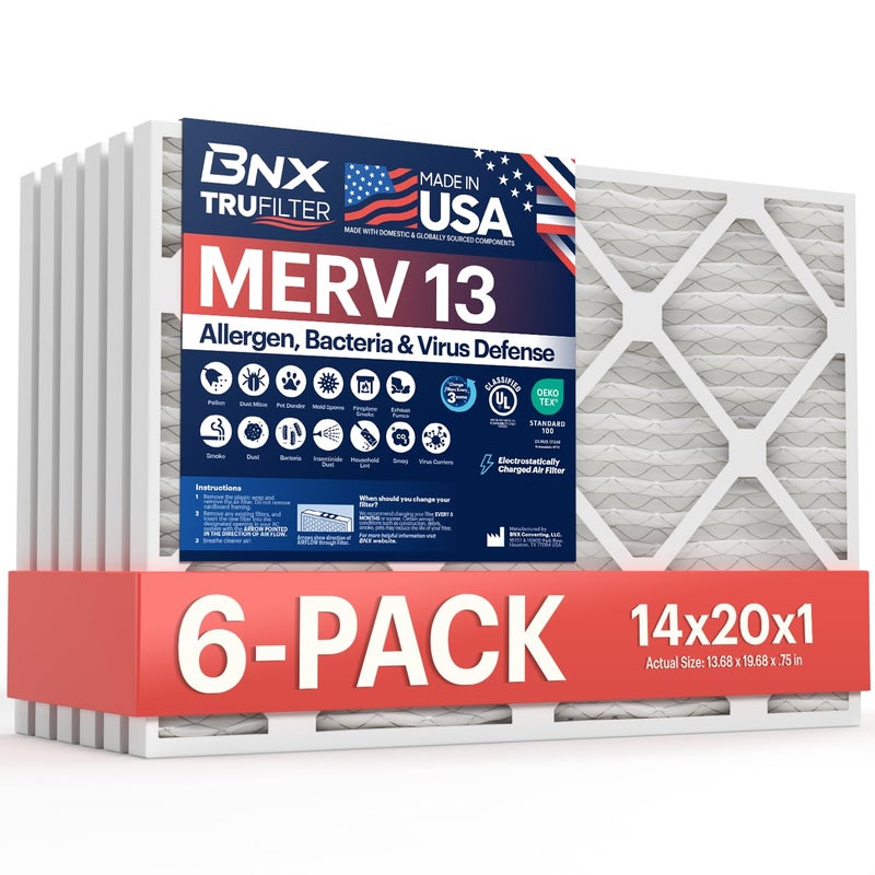 BNX TruFilter 14x20x1 Air Filter MERV 13 (6-Pack) - MADE IN USA - Electrostatic Pleated Air Conditioner HVAC AC Furnace Filters for Allergies, Pollen, Mold, Bacteria, Smoke, Allergen, MPR 1900 FPR 10 - Image 1