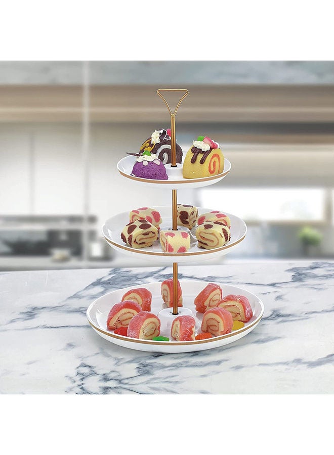 AKDC Bone China Shallow 7"/9"/11" 3 Tier Round Plate With Gold Stand And Decal Tied Serving Tray Food Display Dessert Appetizer Serving Plate Set For Parties Gold White/Gold Dy178-Dg  - Image 3