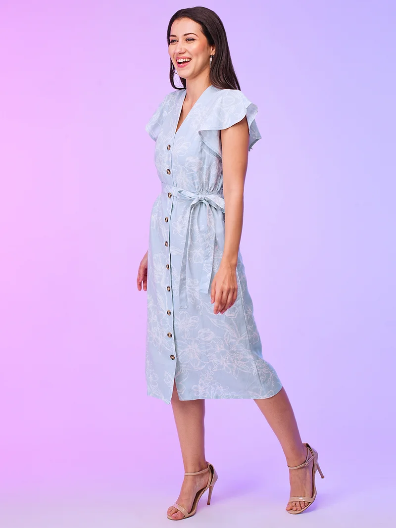 جلو باص فستان قميص ميدي نسائي بطبعات زهور وأكمام فراشة