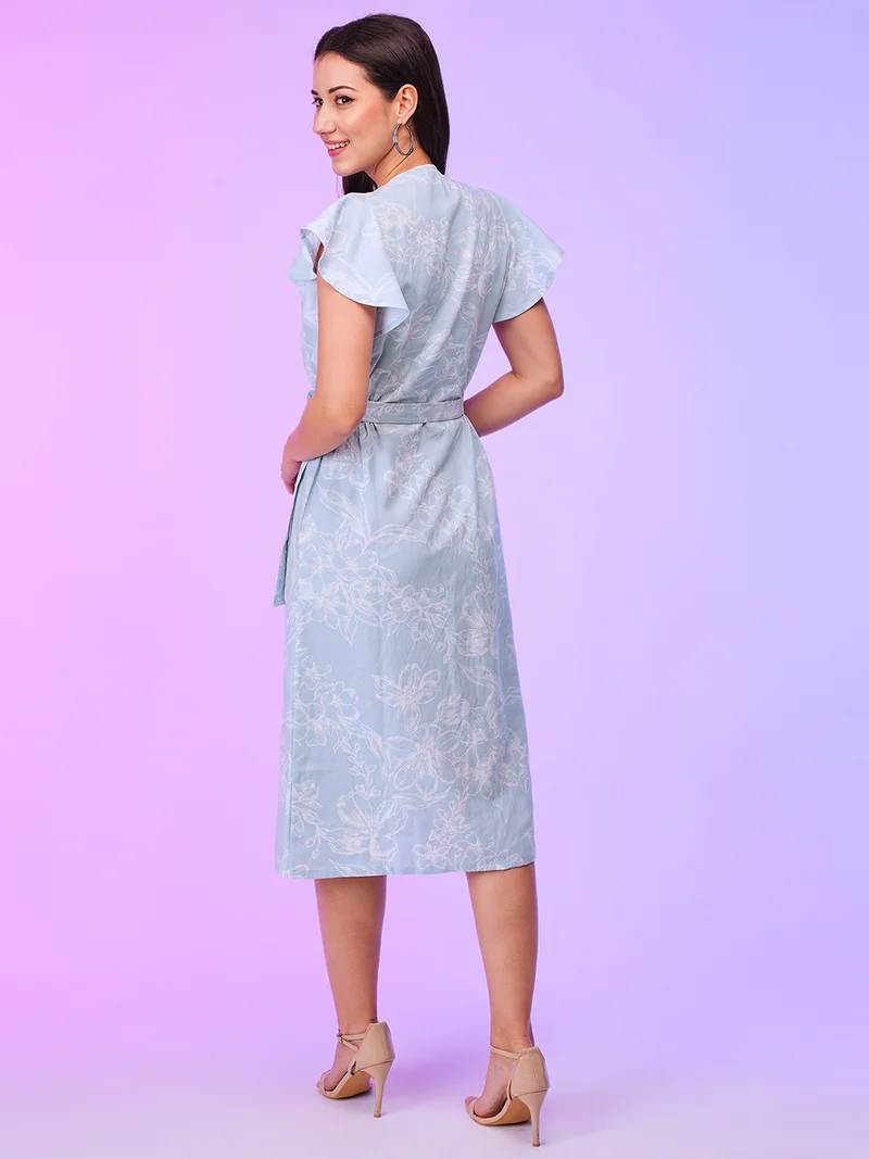 جلو باص فستان قميص ميدي نسائي بطبعات زهور وأكمام فراشة