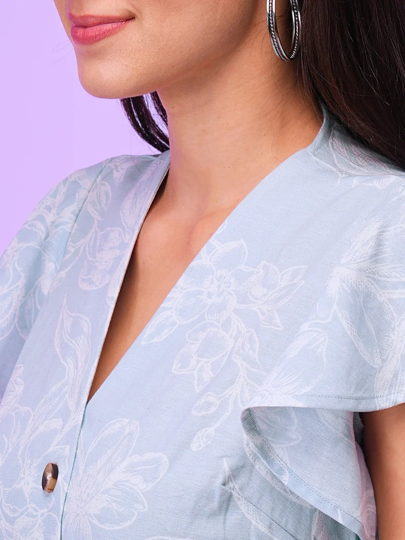 جلو باص فستان قميص ميدي نسائي بطبعات زهور وأكمام فراشة