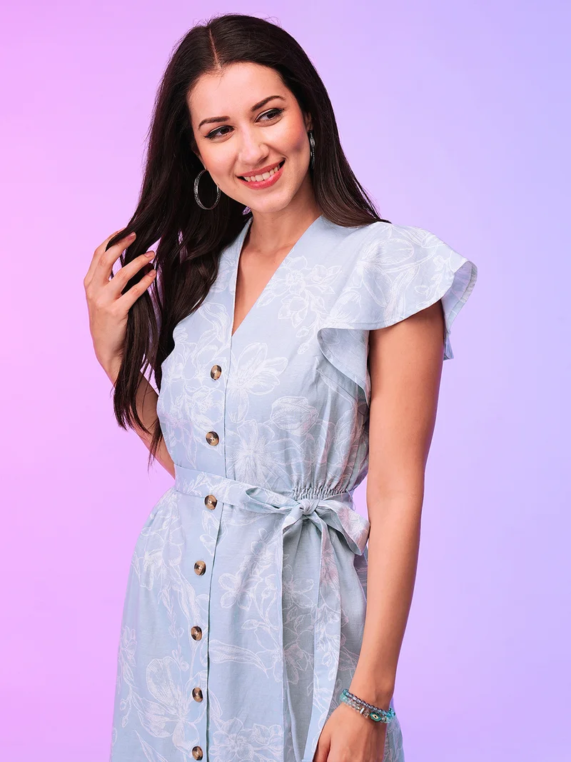 جلو باص فستان قميص ميدي نسائي بطبعات زهور وأكمام فراشة