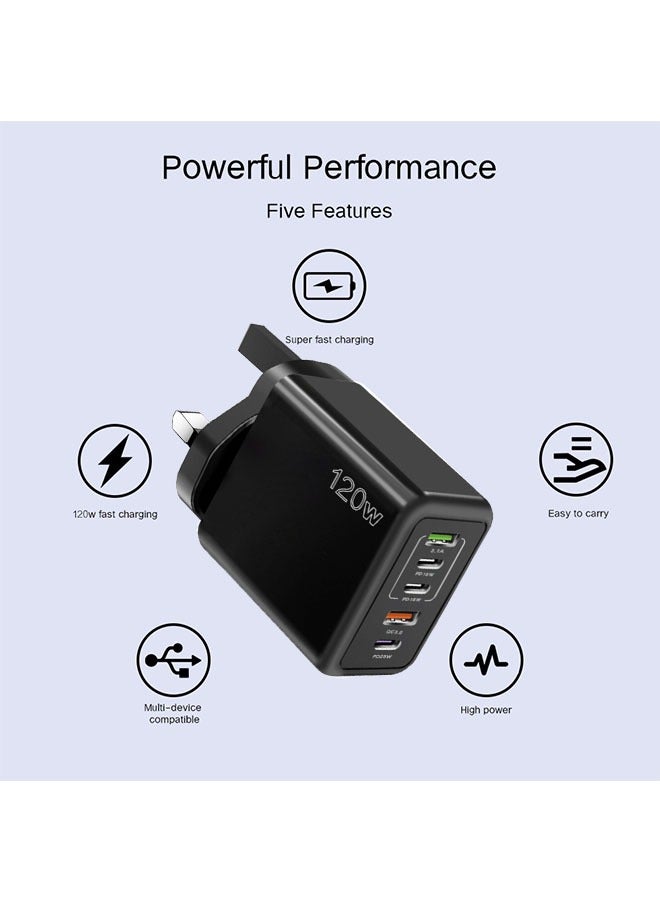 5 Ports Multifunctional Super Fast Charging Adapter, 120W Fast Charger Wall Plug, 2 USB and 3 PD Mobile Phone Charger Travel Power Adapter for iPhone, Samsung, Xiaomi, Airpods, Black - Image 2