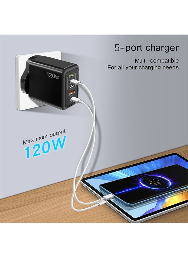 5 Ports Multifunctional Super Fast Charging Adapter, 120W Fast Charger Wall Plug, 2 USB and 3 PD Mobile Phone Charger Travel Power Adapter for iPhone, Samsung, Xiaomi, Airpods, Black - Image 3