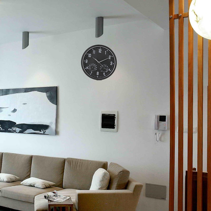 14 Inch Simple Fashion Mute Sweep Wall Clock Multifunctional Quartz Clock Temperature and Humidity Meter Living Room Clock Home Decor (Black Frame Black Plate ) - Image 3
