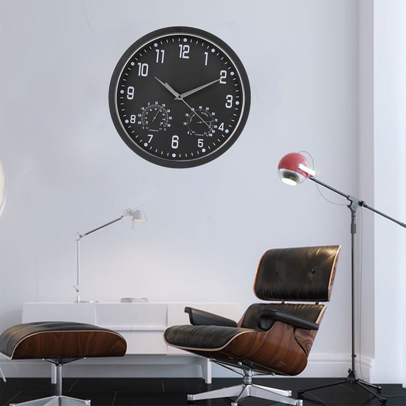 14 Inch Simple Fashion Mute Sweep Wall Clock Multifunctional Quartz Clock Temperature and Humidity Meter Living Room Clock Home Decor (Black Frame Black Plate ) - Image 2