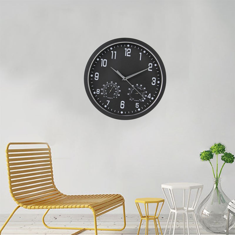 14 Inch Simple Fashion Mute Sweep Wall Clock Multifunctional Quartz Clock Temperature and Humidity Meter Living Room Clock Home Decor (Black Frame Black Plate ) - Image 1