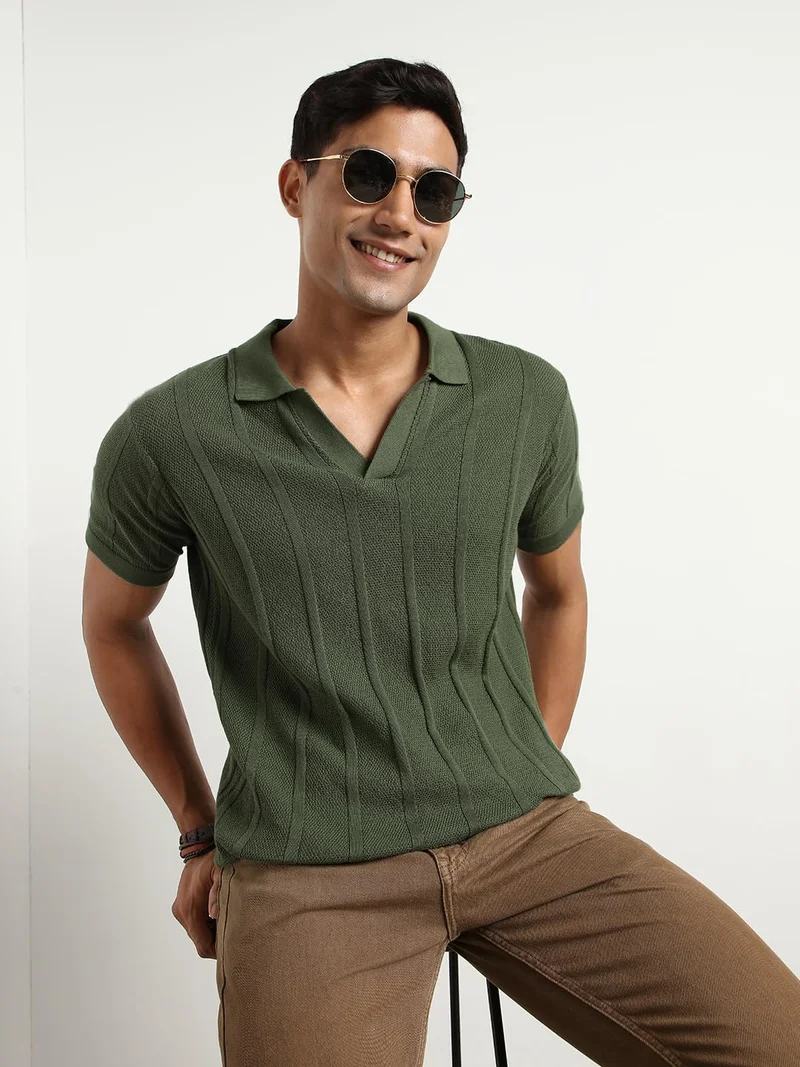 NOBERO Men's Urban Textured Polo Shirt - Olive Green