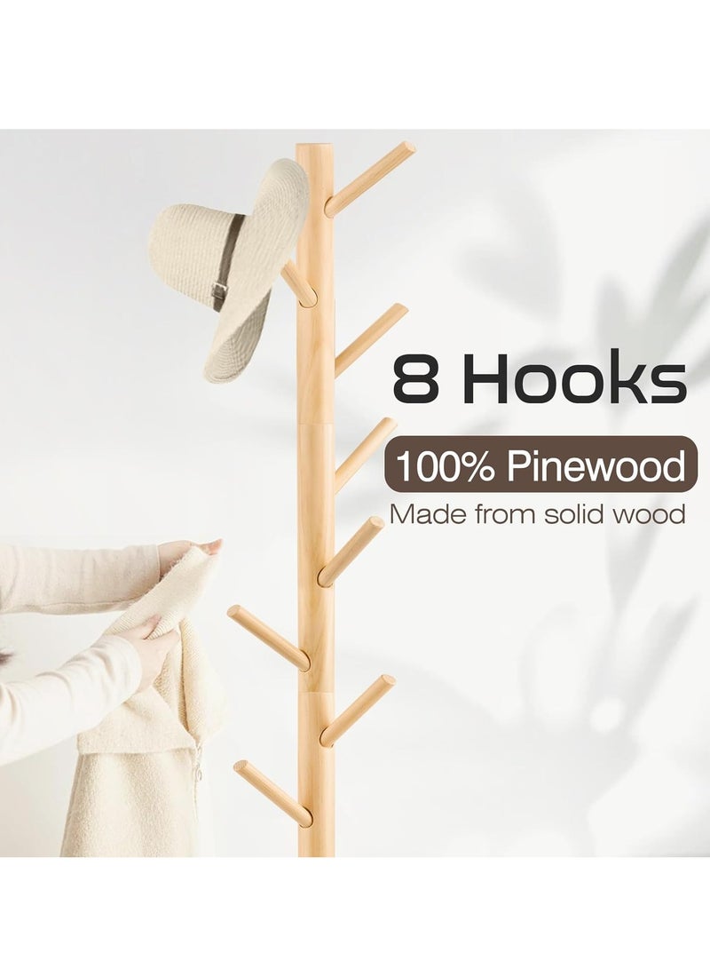 Generic Coat Rack, Freestanding Coat Rack with 8 Hooks and 3 Adjustable Size Tree Coat Racks for Bedroom, Hallway, Entrance, Office, for Hats, Coats, Scarves, Handbags (Wood color)  - Image 2