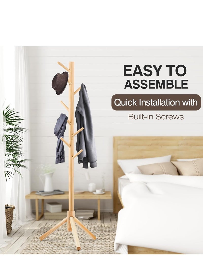 Generic Coat Rack, Freestanding Coat Rack with 8 Hooks and 3 Adjustable Size Tree Coat Racks for Bedroom, Hallway, Entrance, Office, for Hats, Coats, Scarves, Handbags (Wood color)  - Image 3
