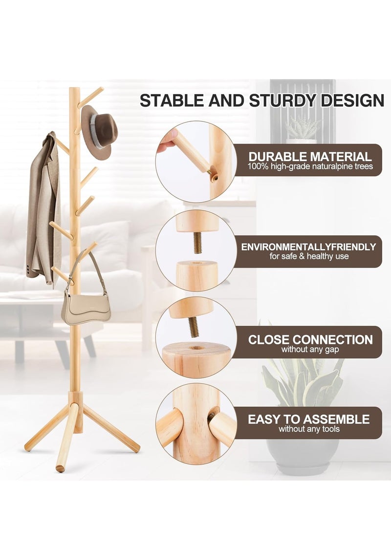 Generic Coat Rack, Freestanding Coat Rack with 8 Hooks and 3 Adjustable Size Tree Coat Racks for Bedroom, Hallway, Entrance, Office, for Hats, Coats, Scarves, Handbags (Wood color)  - Image 4