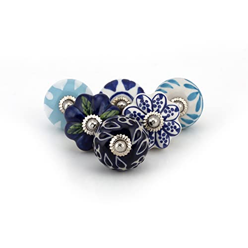Craft Trade Ceramic Cabinet Knobs - Handmade Boho Dresser Drawer Pulls - Decorative Kitchen Door Knobs, Wardrobe, Closet, Bathroom Cabinet Handles - Artistic Kitchen Hardware - Blue, Set of 6 - Image 1
