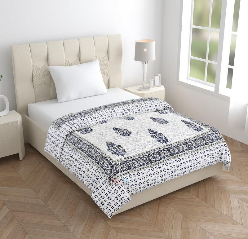 LOARSHY Hand Block Printed Pure Cotton Razai Single Bed Quilts Rajai Lightweight - Grey/Blue (Size 60X90 INCHES) - Image 3