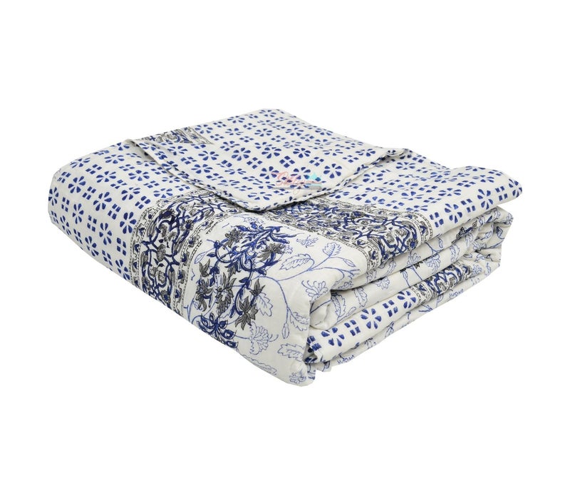 LOARSHY Hand Block Printed Pure Cotton Razai Single Bed Quilts Rajai Lightweight - Grey/Blue (Size 60X90 INCHES) - Image 4