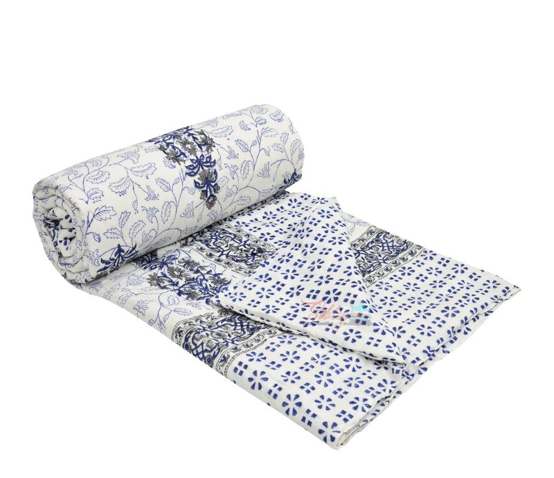 LOARSHY Hand Block Printed Pure Cotton Razai Single Bed Quilts Rajai Lightweight - Grey/Blue (Size 60X90 INCHES) - Image 5