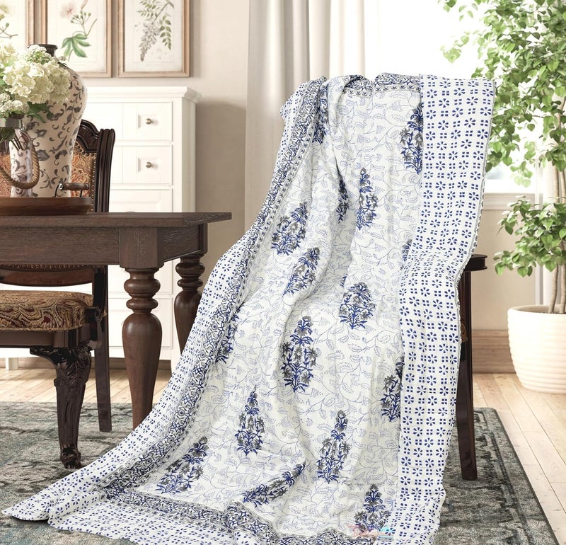 LOARSHY Hand Block Printed Pure Cotton Razai Single Bed Quilts Rajai Lightweight - Grey/Blue (Size 60X90 INCHES) - Image 1