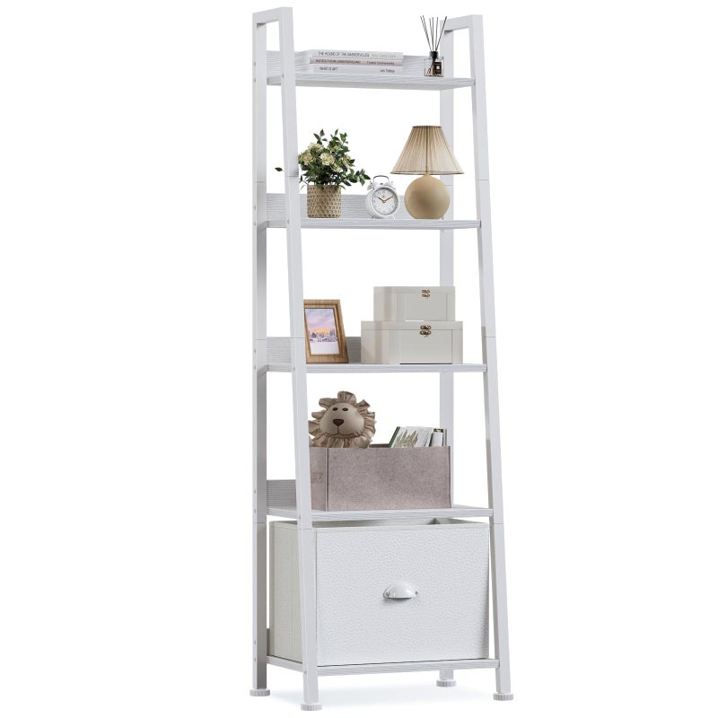 Furologee 5-Tier White Ladder Shelf, Ladder Bookshelf with Removable Drawer, Mordern Bookcase Storage Rack Organizer, Wood Metal Freestanding Storage Shelves for Living Room, Home Office, Bedroom - Image 1