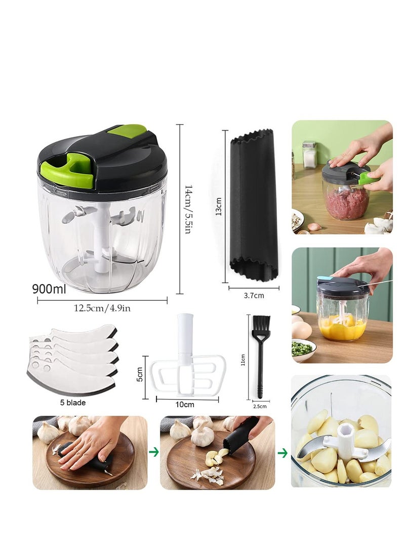 SOLARAE Portable Manual Food Chopper, Portable Hand Pull String Garlic Onion Mincer, 900ML Multifunction Manual Vegetable Cutter, with 5 Stainless Steel Blades, for Onion, Fruit, Garlic, Meat - Image 2