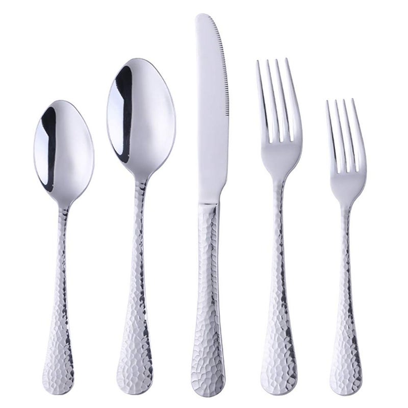 Bisda Silverware Set 20 Piece Premium 188 Stainless Steel Hammered Kitchen Utensil Flatware Cutlery Sets of 4 Mirror Polish Dishwasher Safe