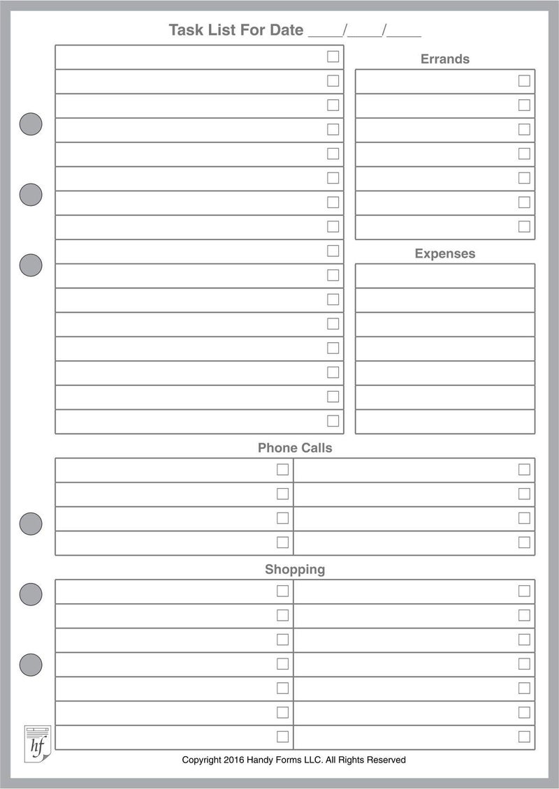 A5 Size Daily Task Planner Insert, Sized and Punched for 6-Ring A5 Notebooks by Filofax, LV (GM), Kikki K, TMI, and Others. Sheet Size 5.83" x 8.27" (148mm x 210mm)