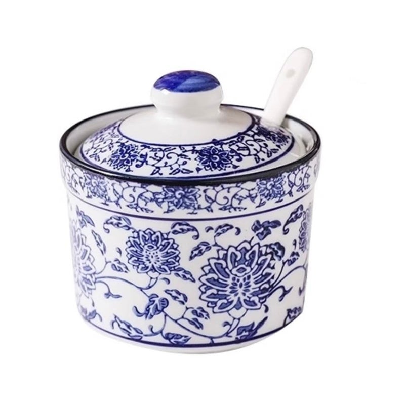 123Arts Ceramic Blue and White Sugar Bowl Spice Jar with Lid Spoon Seasoning Pot