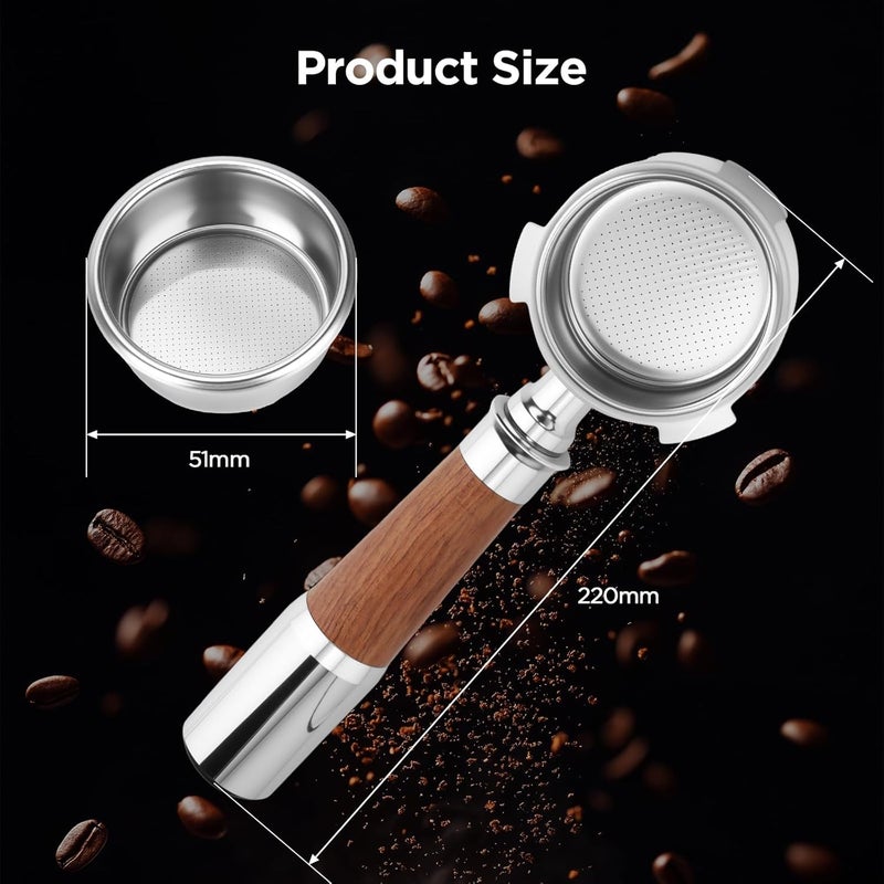 ROMON Bottomless Portafilter 51 mm, Compatible with DeLonghi Dedica EC680/EC685/EC885/EC890, 3 Ears Portafilter Made of 304 Stainless Steel with Wooden Handle and Filter - Image 2