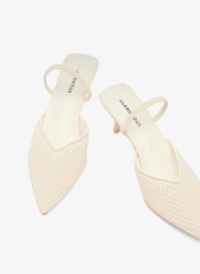 GLAMOROUS Kitten Mid Heel Pearls Detail Pumps - Image 4