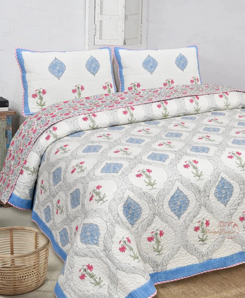 FEELRAX FEELRAX 380 GSM Jaipuri Razai Hand Block Machine Quilting Printed Quilted Bedspread Bedcover with 2 Pillow Cover Winter Cotton King Size Quilt Razai King Size Multicolor Rajai 108X108 Inch  - Image 1