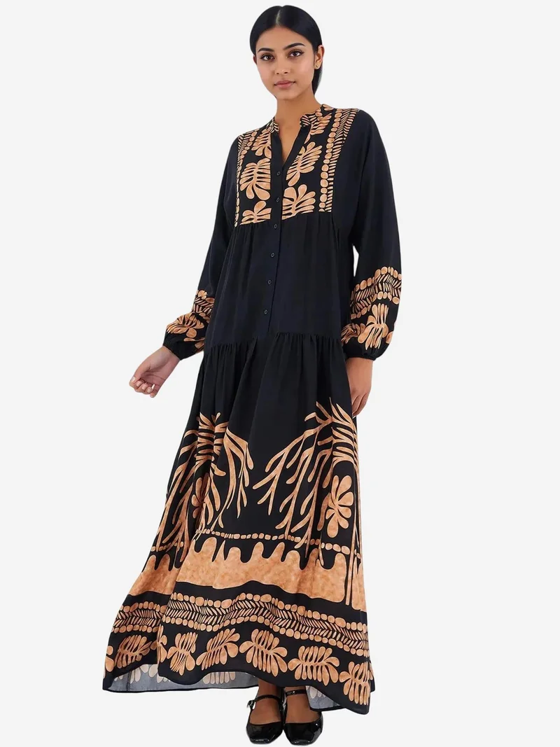 Big Dart Black BDART Printed V-Neck Maxi Dress for Women | Best Price UAE