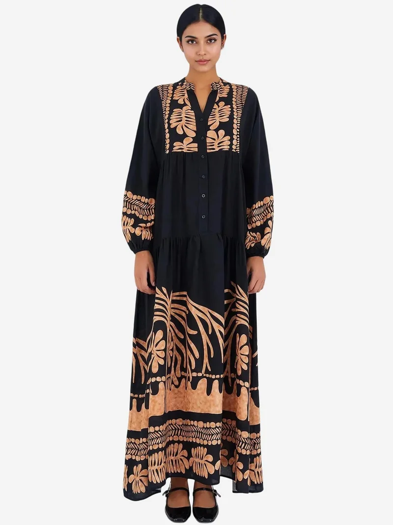 Big Dart Black BDART Printed V-Neck Maxi Dress for Women | Best Price UAE