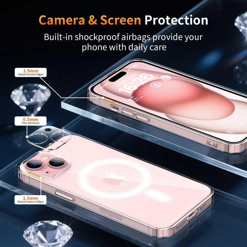 YNMEacc 5 in 1 Magnetic for iPhone 15 Case 6.1-Inch with 2X Screen Protector + 2 Lens Protector, [Compatible with MagSafe] Slim Soft TPU Silicone Shockproof Anti-Scratch Phone Cover - Clear - Image 5