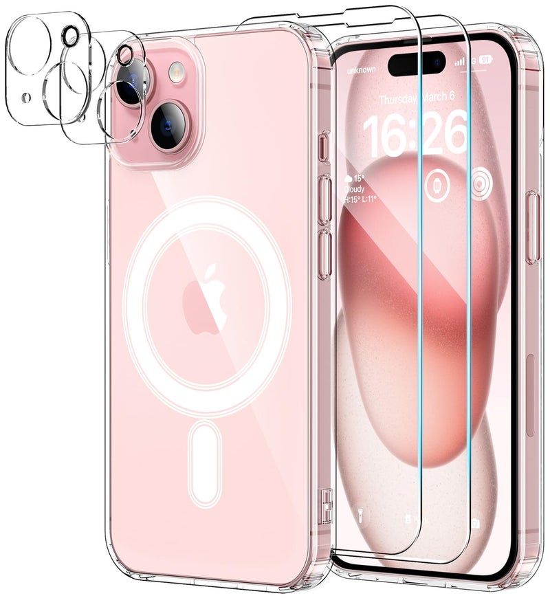 YNMEacc 5 in 1 Magnetic for iPhone 15 Case 6.1-Inch with 2X Screen Protector + 2 Lens Protector, [Compatible with MagSafe] Slim Soft TPU Silicone Shockproof Anti-Scratch Phone Cover - Clear - Image 1
