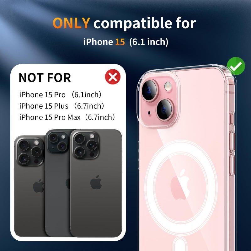 YNMEacc 5 in 1 Magnetic for iPhone 15 Case 6.1-Inch with 2X Screen Protector + 2 Lens Protector, [Compatible with MagSafe] Slim Soft TPU Silicone Shockproof Anti-Scratch Phone Cover - Clear - Image 2